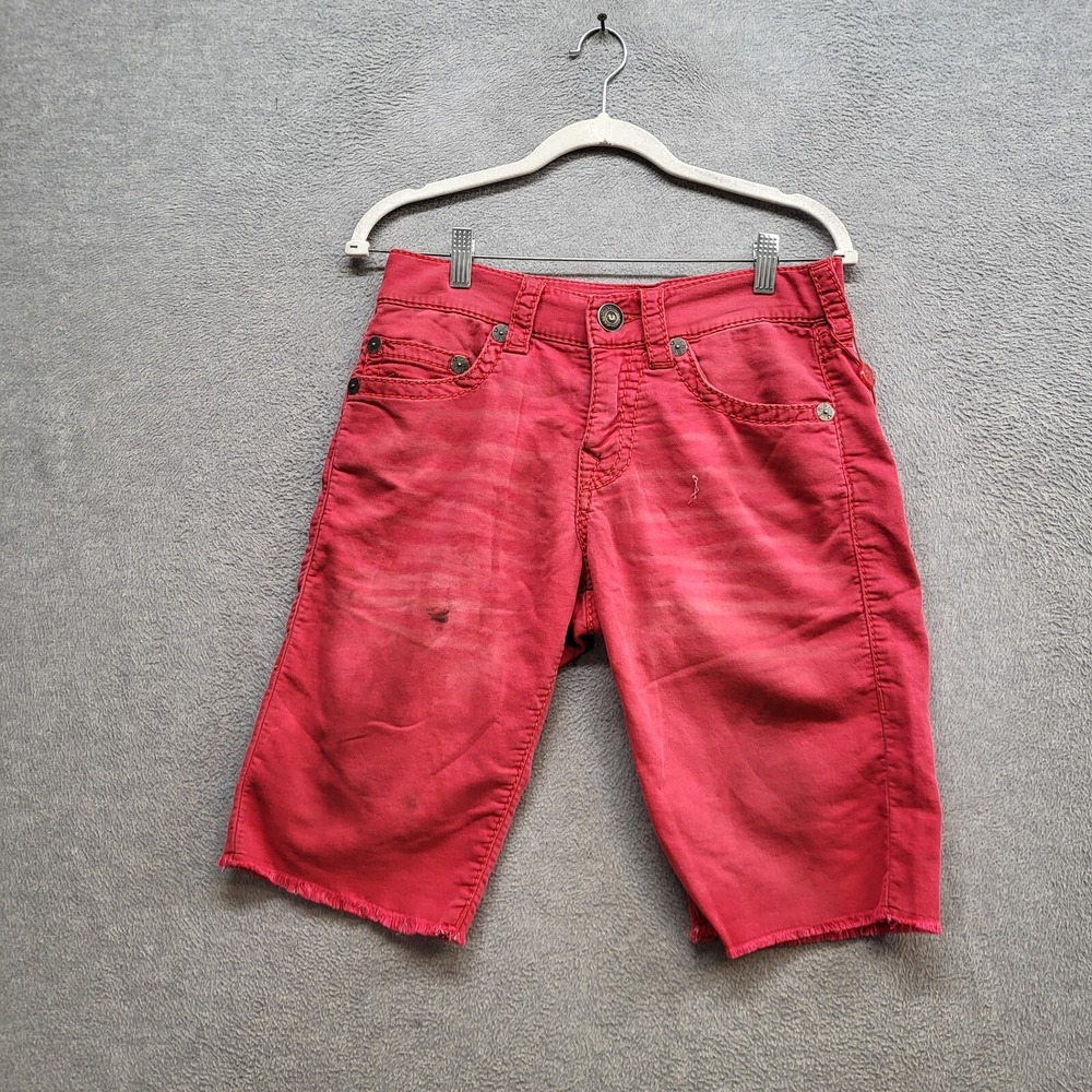 True Religion Men Denim Shorts 29 Red Geno Relaxed Slim 13" Frayed Logo READ